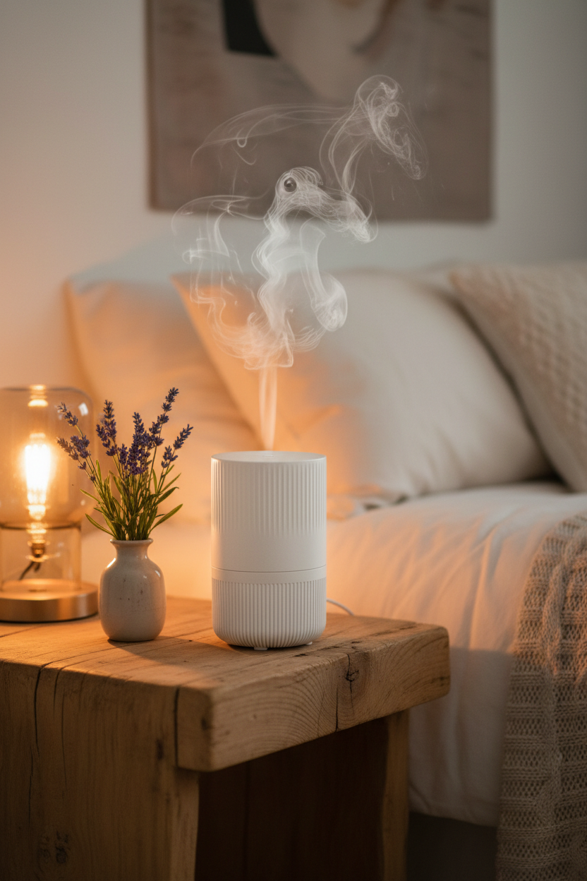 Ultrasonic aromatherapy diffuser with soft mist on a cosy bedside table