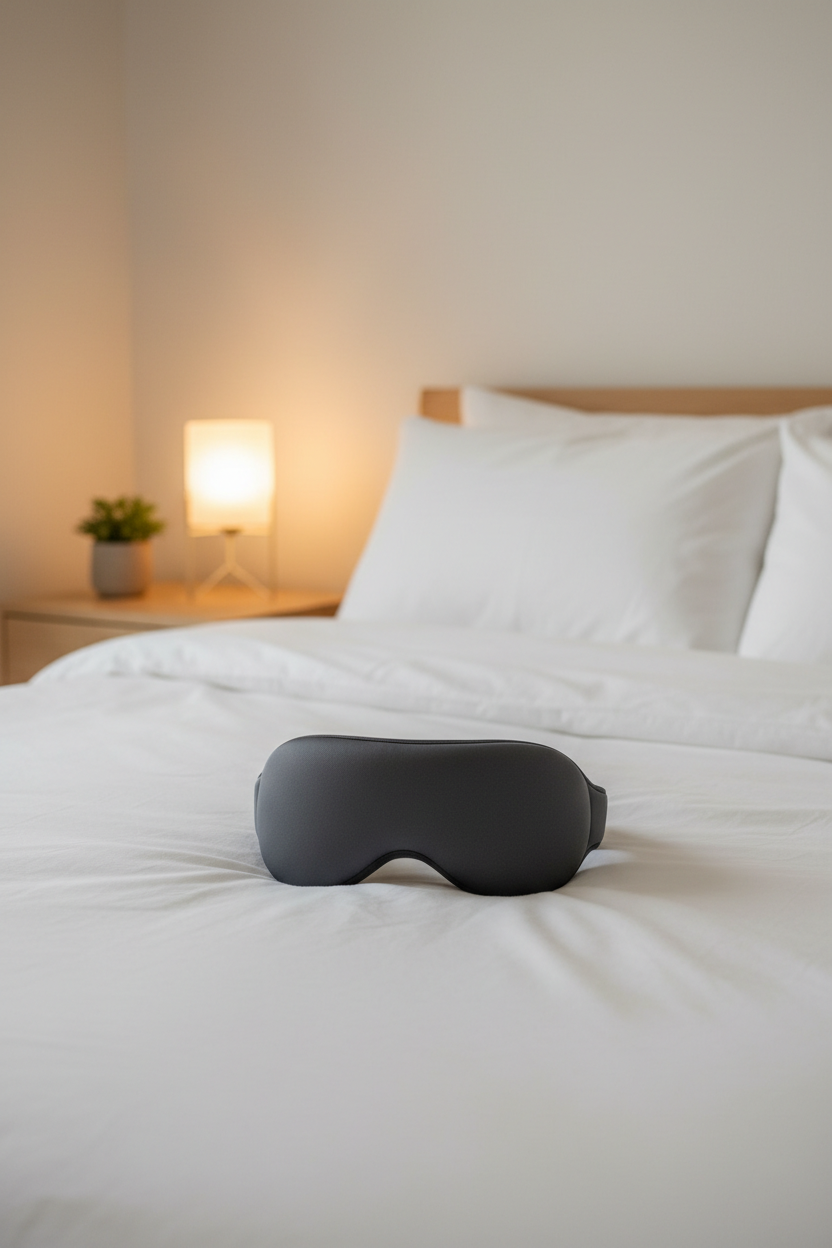 3D contour sleep eye mask on soft white linen with warm bedside lamp glow