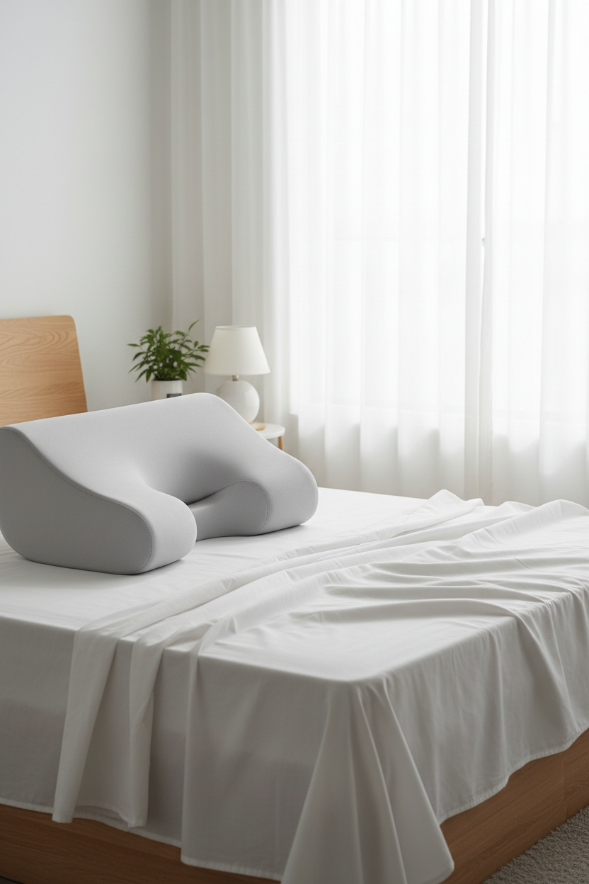 Memory foam contour pillow on crisp white sheets with soft morning light